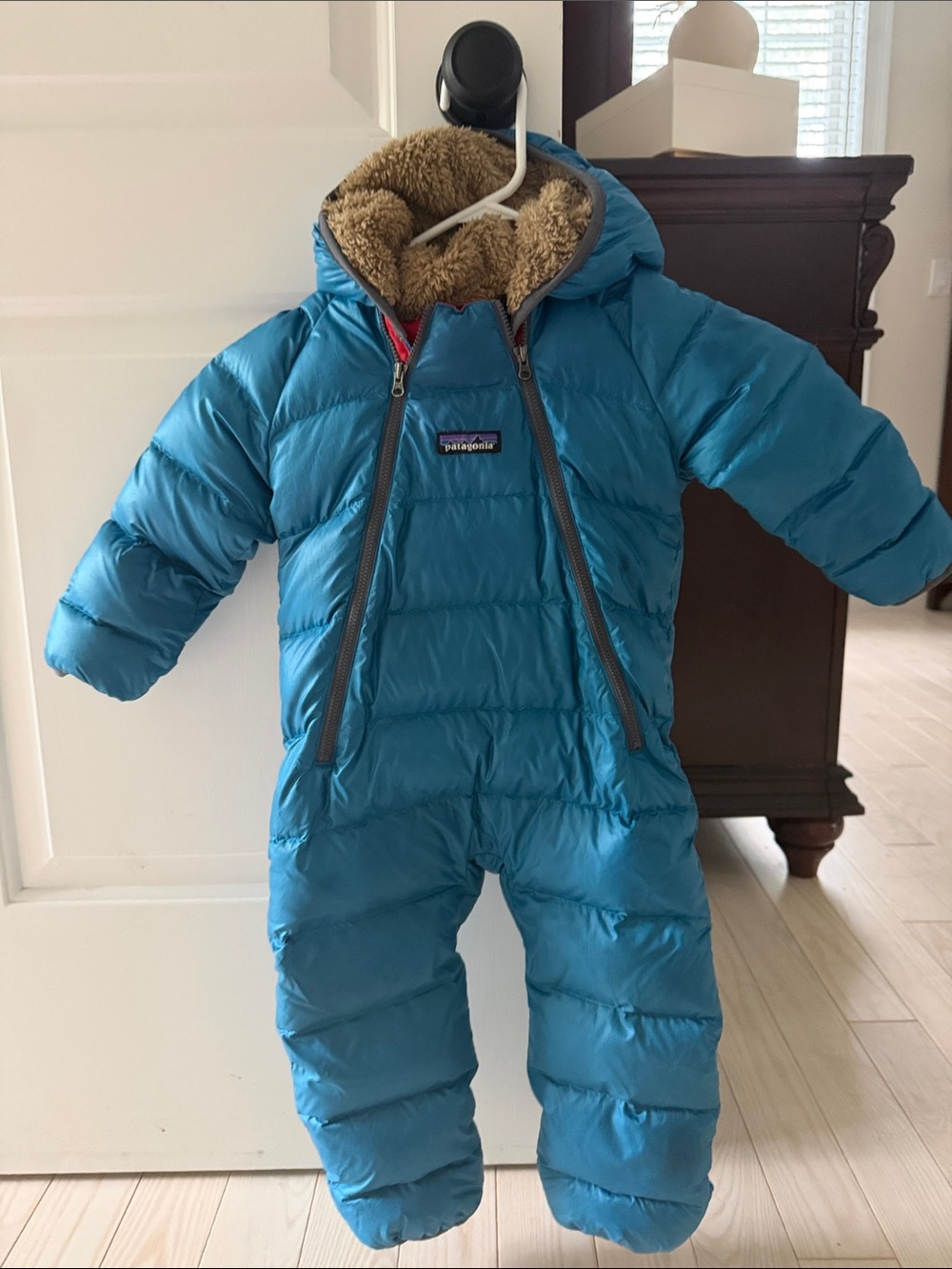 Patagonia Teal Blue Puff Insulated Infant Snowsuit with Faux-Sherpa Hood
